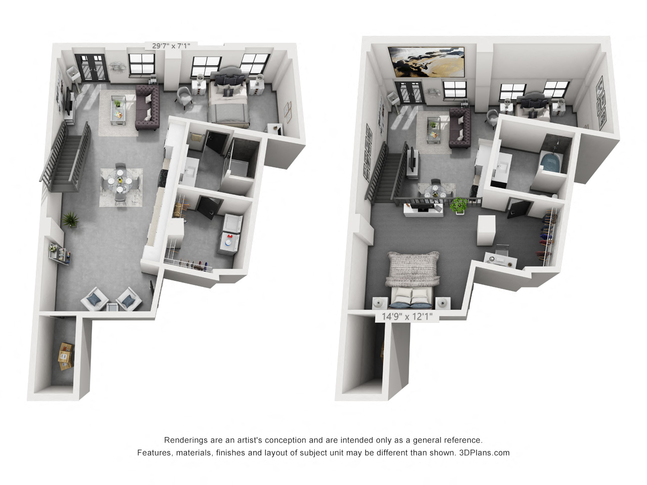 Floor plan for 2 beds, 2 baths, 1285 sqft